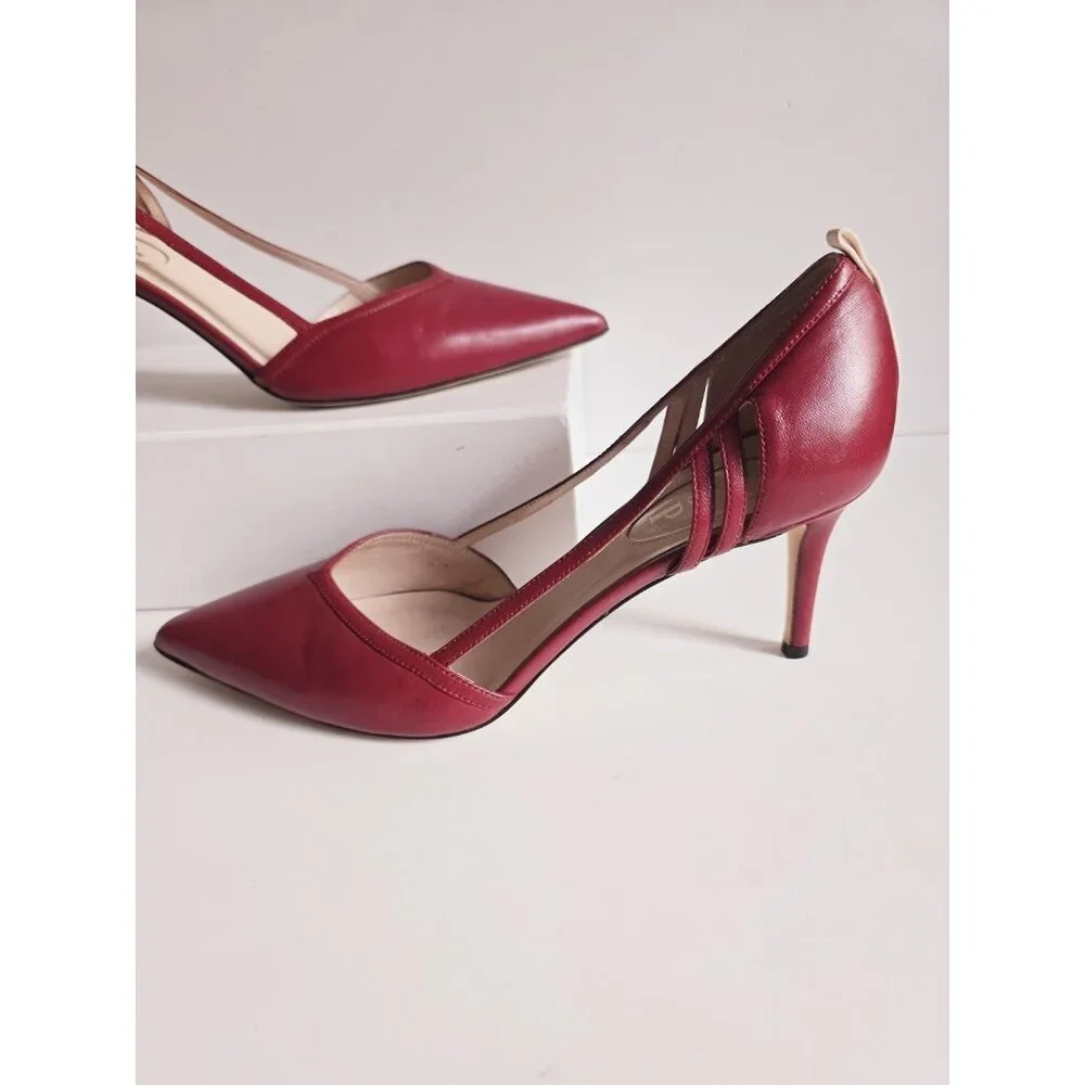 SJP Sarah Jessica Parker Pointed Toe D'Orsay Red Pump Heels Ahoes 9.5 Italy 39.5